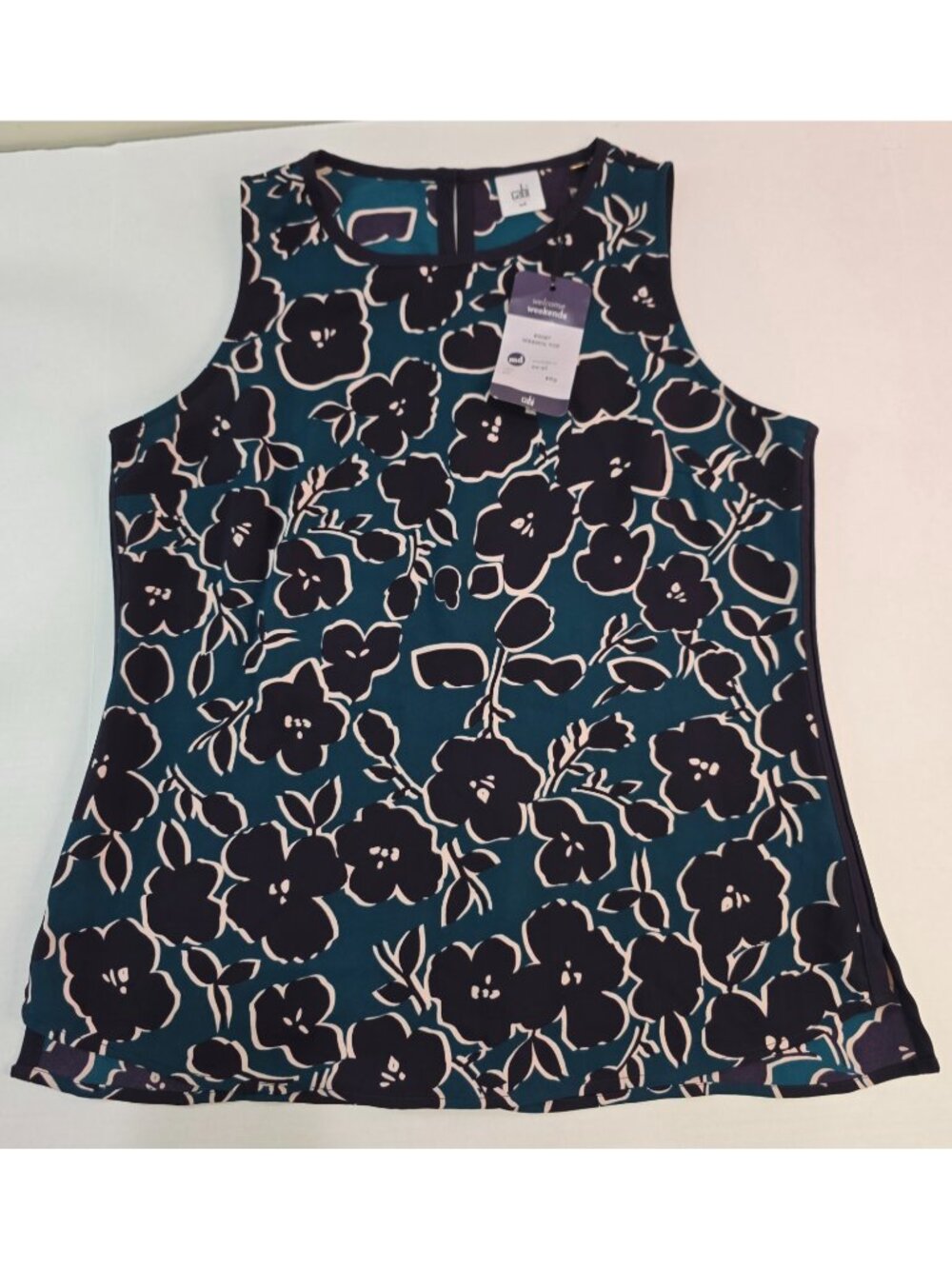 Cabi Warhol Sleeveless Blouse Teal Black Floral Medium Md #3087 New With Tags